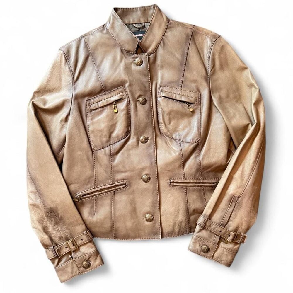 Charles Klein Genuine Leather Jacket Taupe Brown Utility Moto Women’s 20” Chest